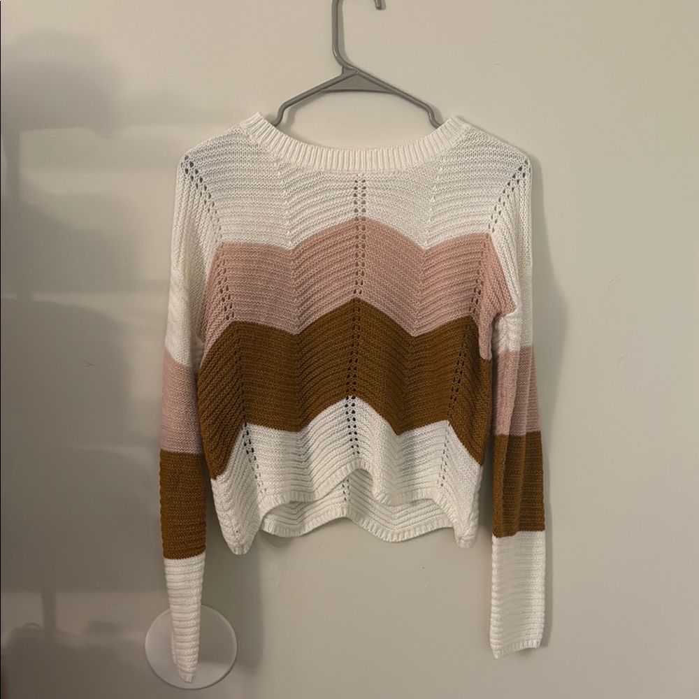 White and Pink Chevron Crew Neck Sweater